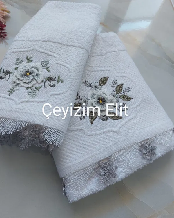 İkili takım iğneoyalı mutfak havlusu ve banyo el yüz havlusu