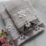 Analı Kızlı İğne Oyalı Havlu Takımı – Krem Kabartma Çiçek