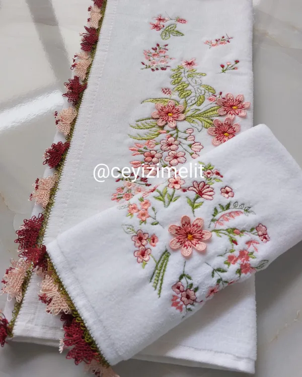 Analı kızlı ikili takım halinde iğneoyalı mutfak ve banyo el yüz havlusu