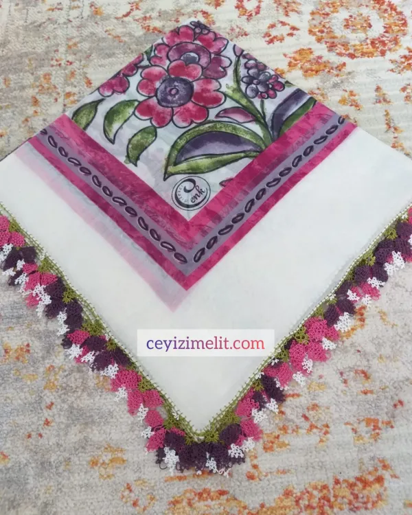 İğneoyalı Pamuklu Beyaz - Pembe Yazma